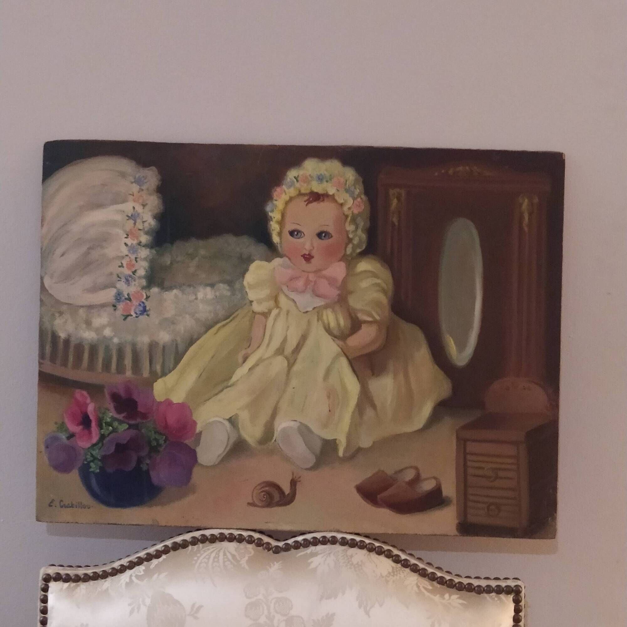 Oil on panel vintage 1930/1950 doll portrait