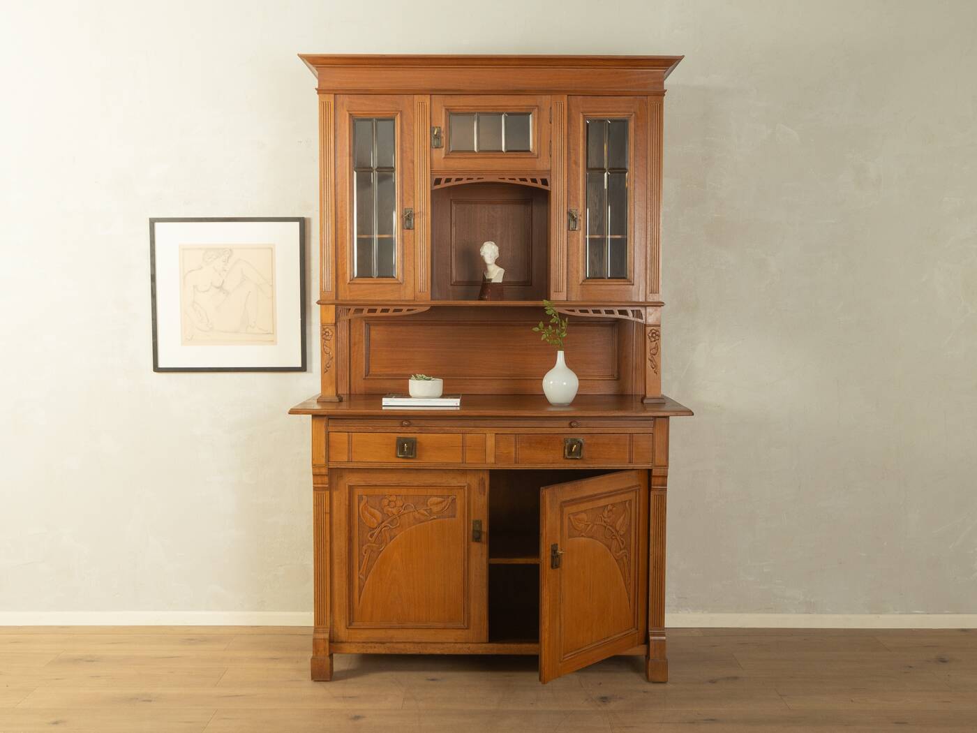 Two-piece buffet from the 1910s in Art Nouveau style, beech wood