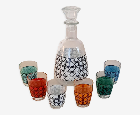 Service à liqueur avec 1 carafe et 6 verres en verre vintage