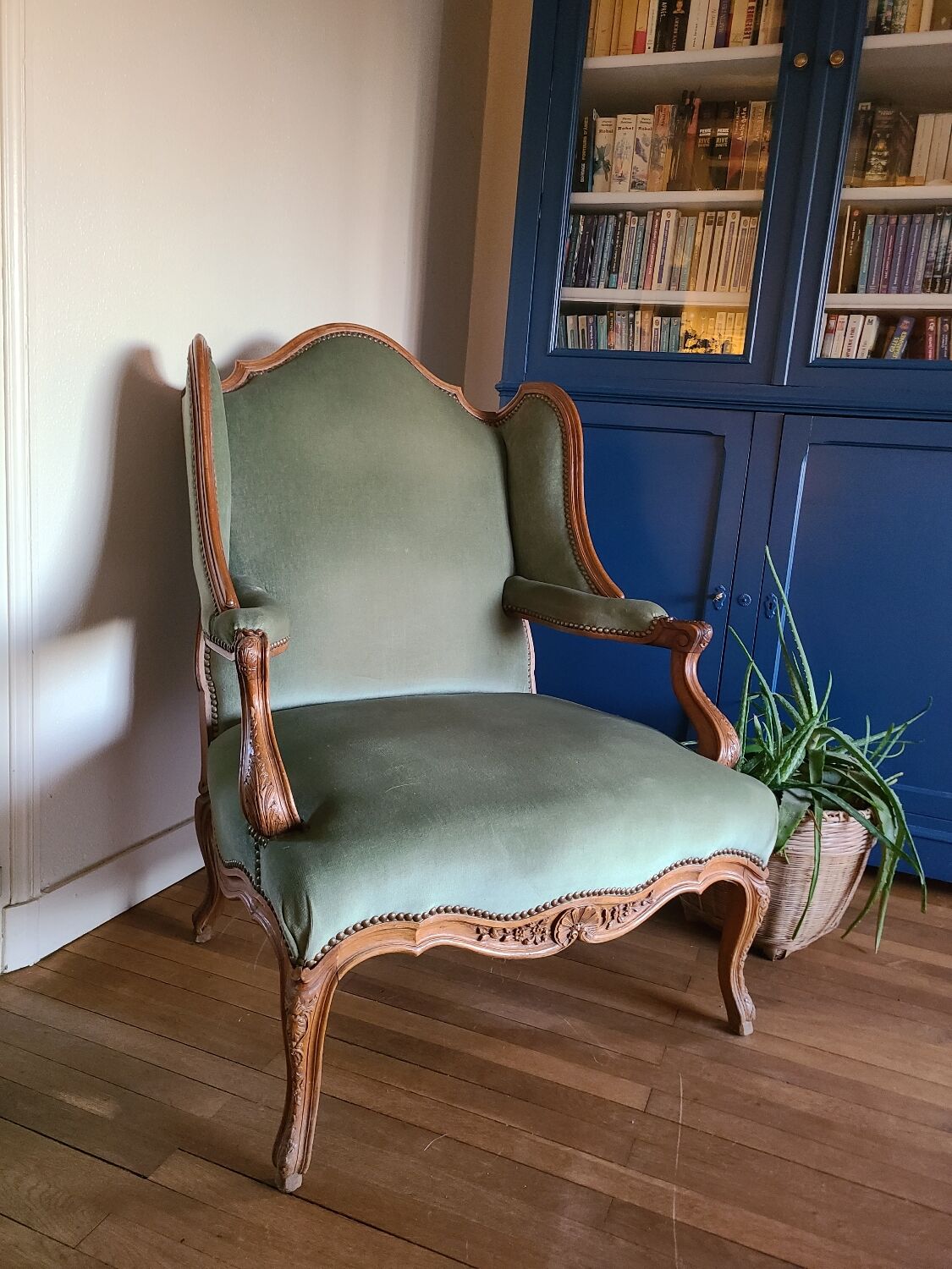 Vintage Louis XV style wing chair, light green velvet