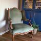 Vintage Louis XV style wing chair, light green velvet