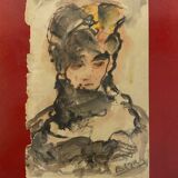 Painting "Portrait of an elegant lady" signed Belzacq first half of the 20th century