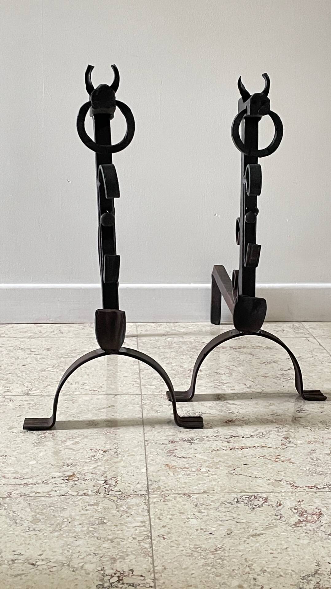 Pair of vintage steel brutalist andirons