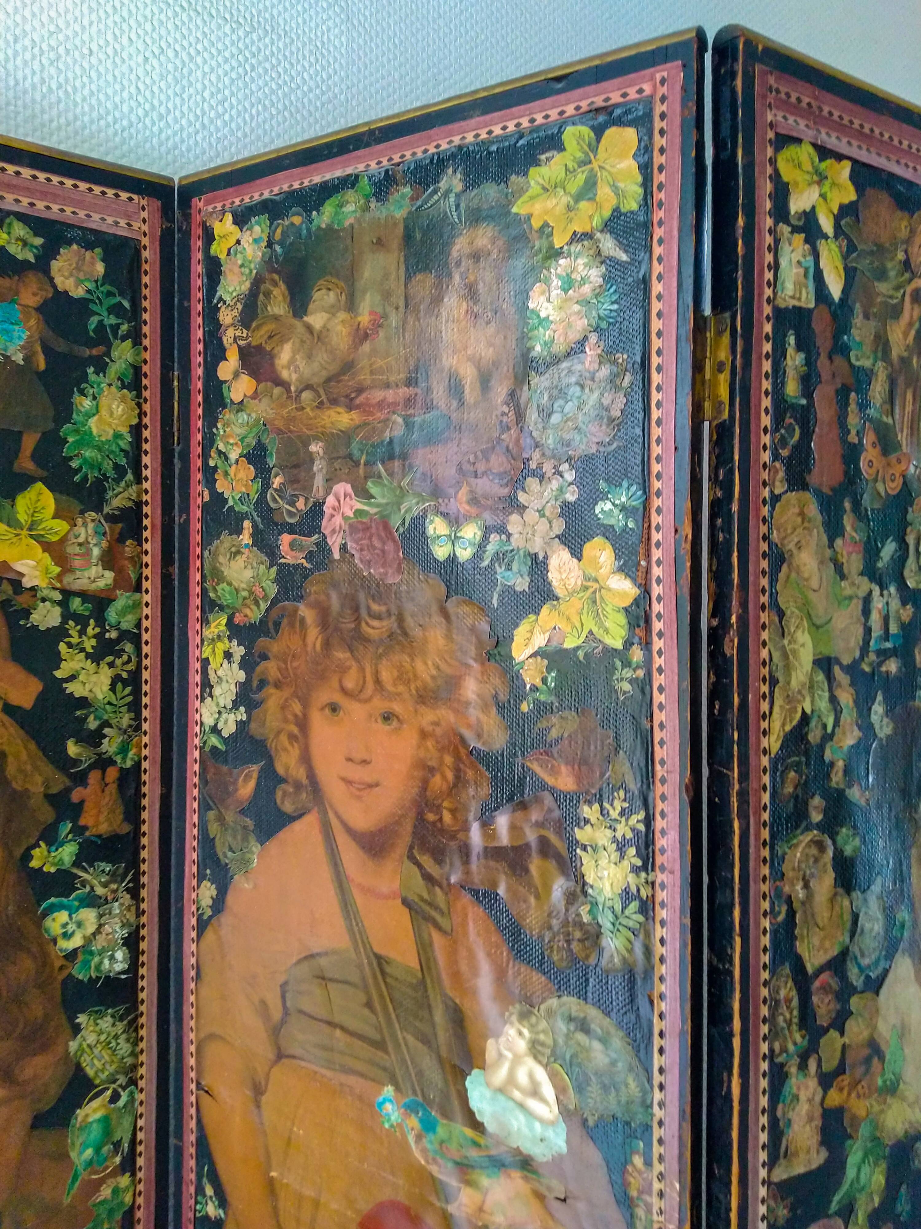 English Victorian 3-panel screen with varnished chromos