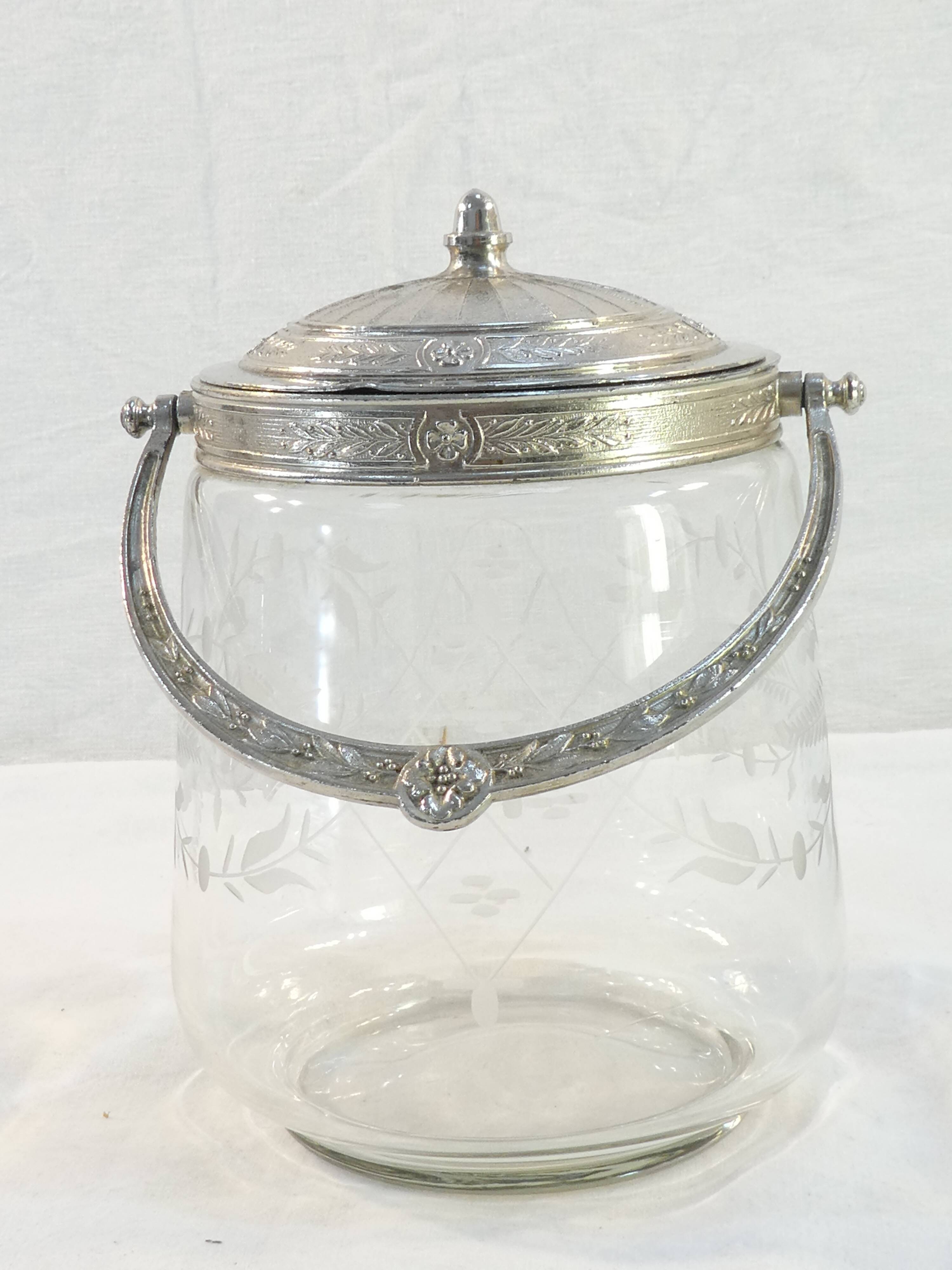 1900 glass cookie bucket engraved silver metal frame