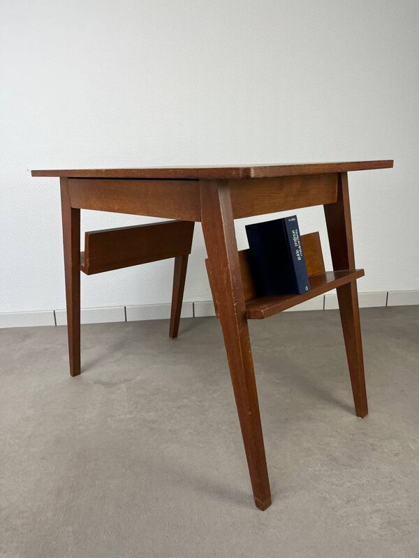 Bureau pieds compas, bois années 50 style reconstitution
