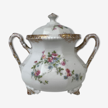 Sucrier en porcelaine blanche, dorée avec fleurs