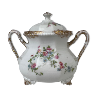 Sucrier en porcelaine blanche, dorée avec fleurs