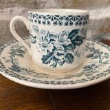 Cup and saucer old Iron earth stamped H.B.C.M Guadeloupe decoration flowers blue-green