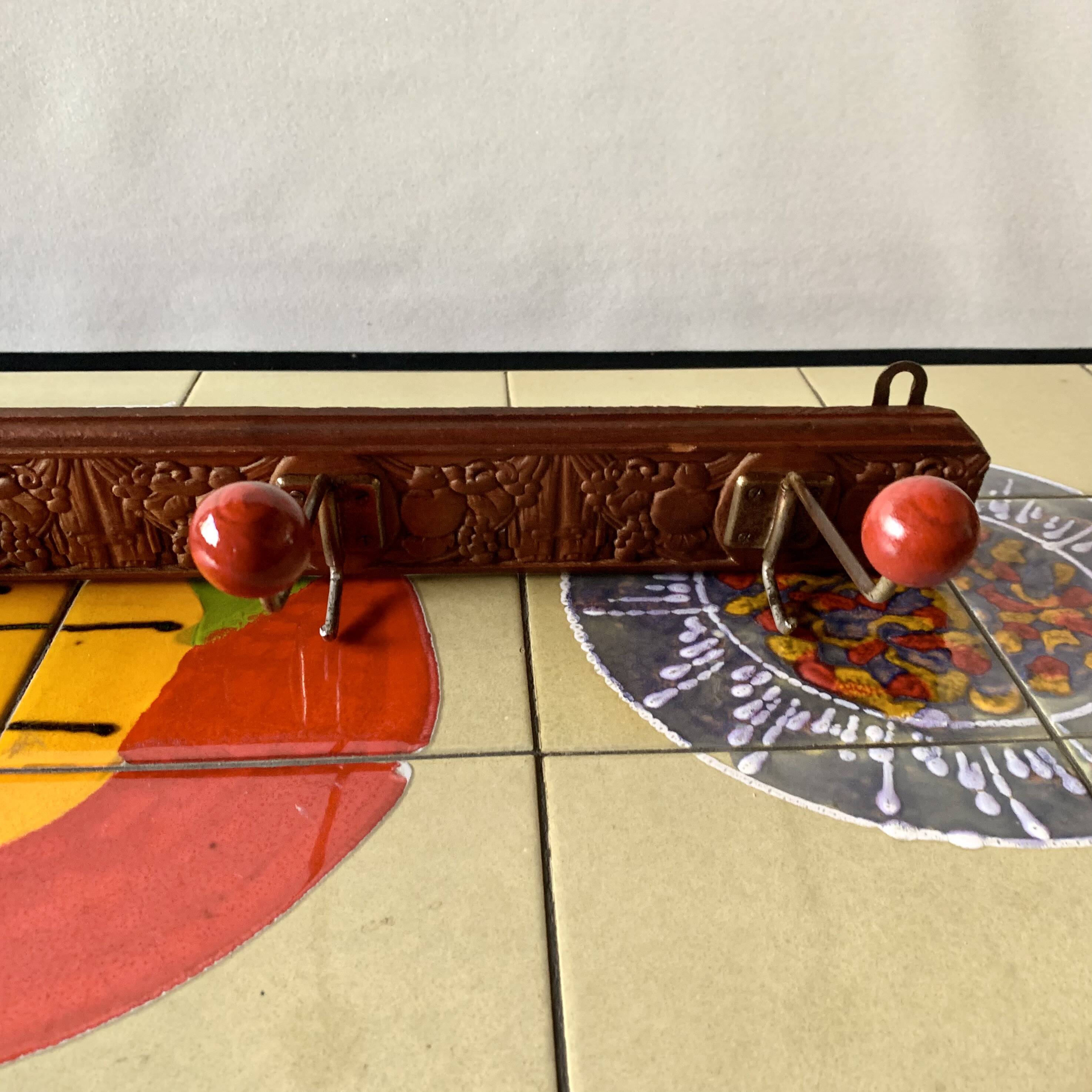 Vintage carved wooden wall coat rack - 4 red balls