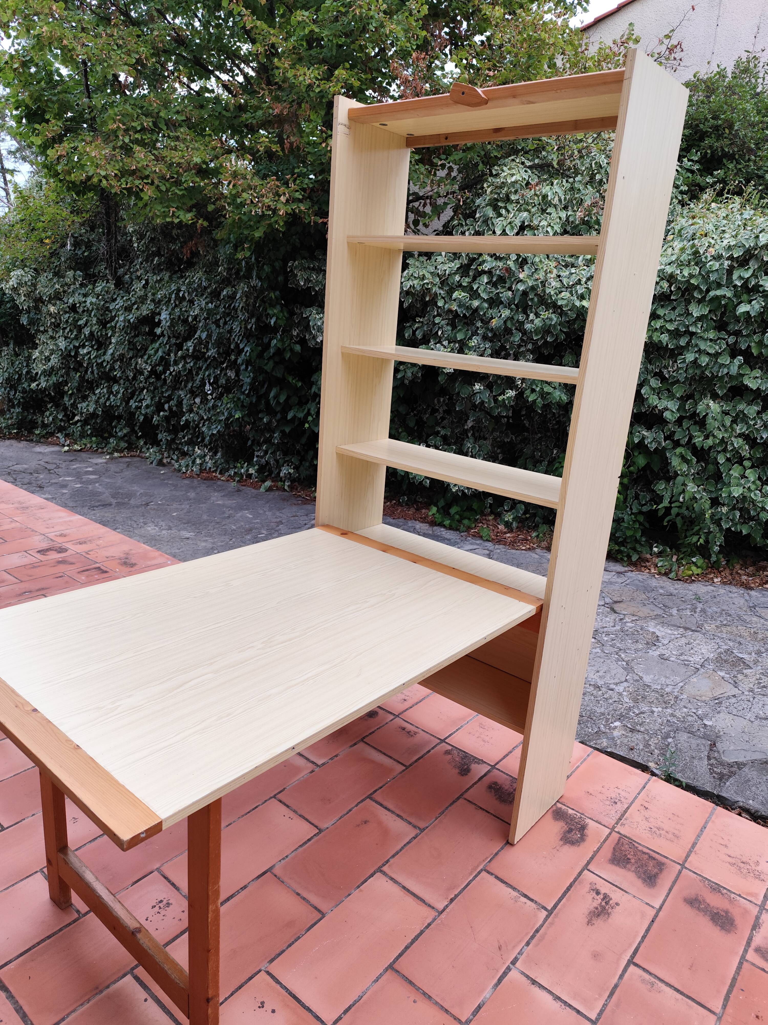 Vintage Pine Freestanding Retractable Bookcase Desk Table