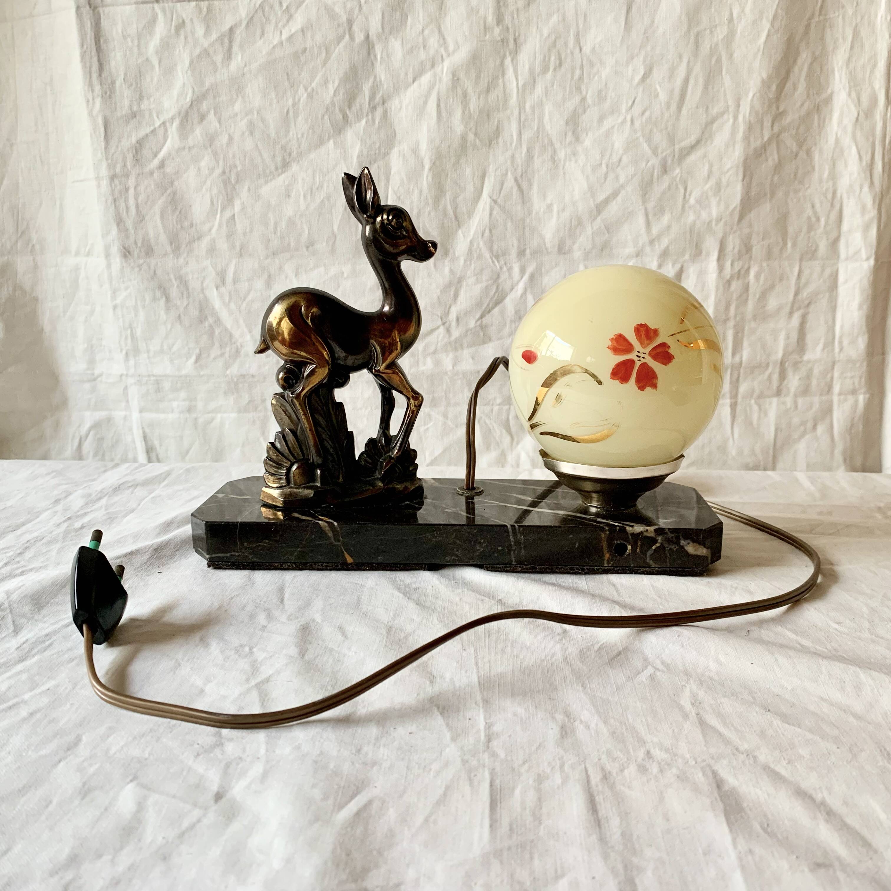 Art Deco bedside lamp - Globe and fawn on marble base