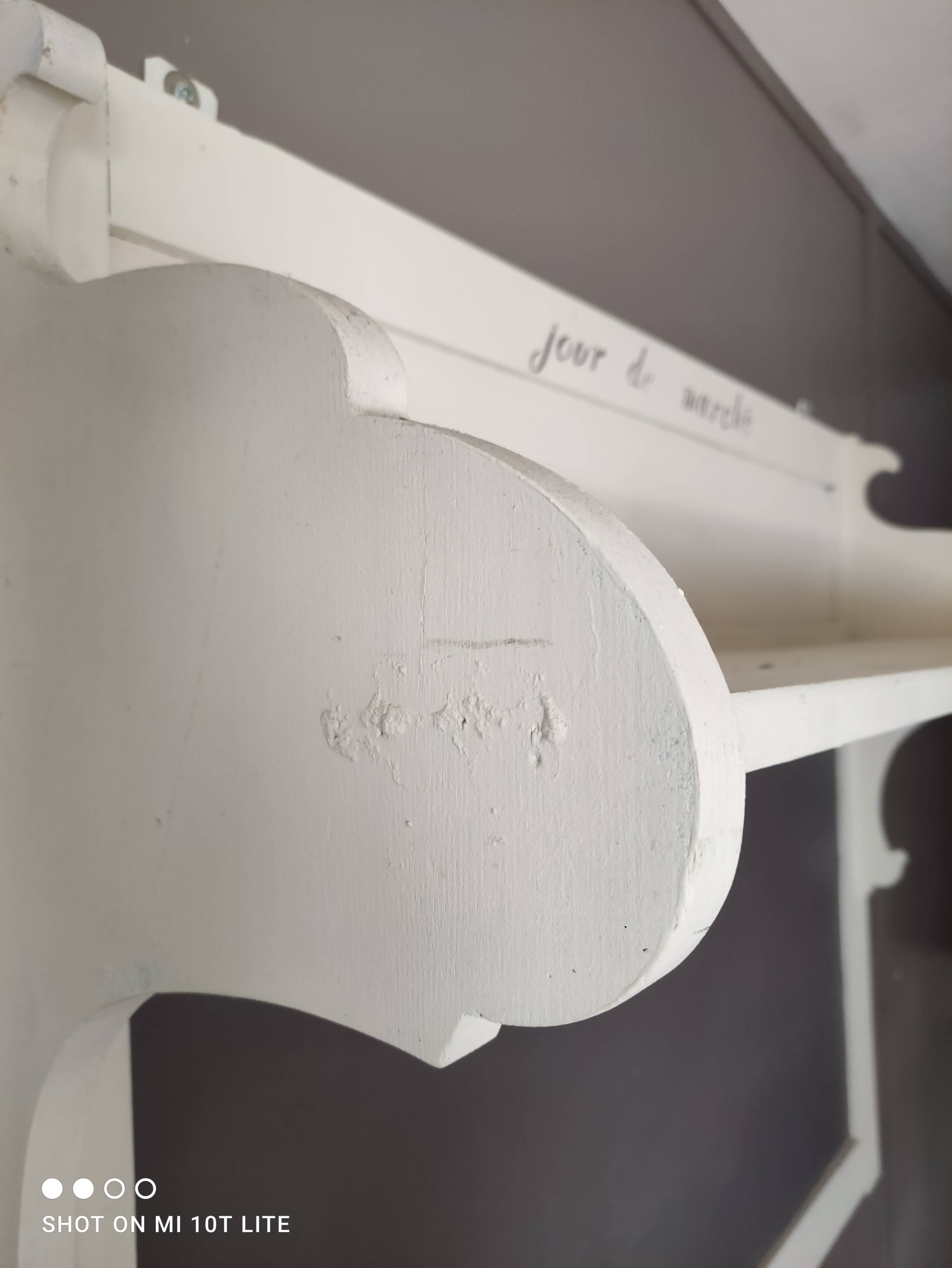 Old white and taupe “Market Day” oak shelf