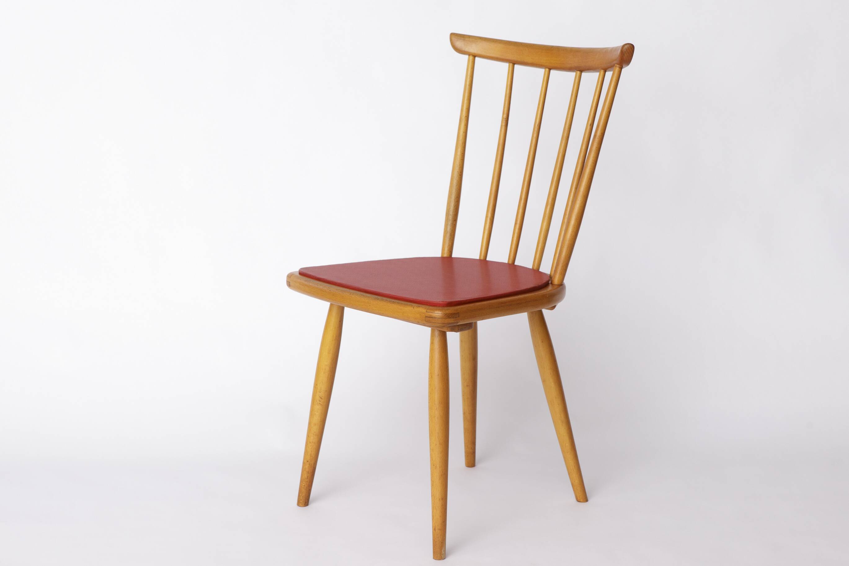 Vintage Beech Dining Chair with Original Red Faux Leather Seat – 1960s/70s