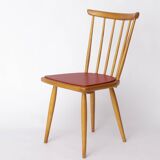 Vintage Beech Dining Chair with Original Red Faux Leather Seat – 1960s/70s