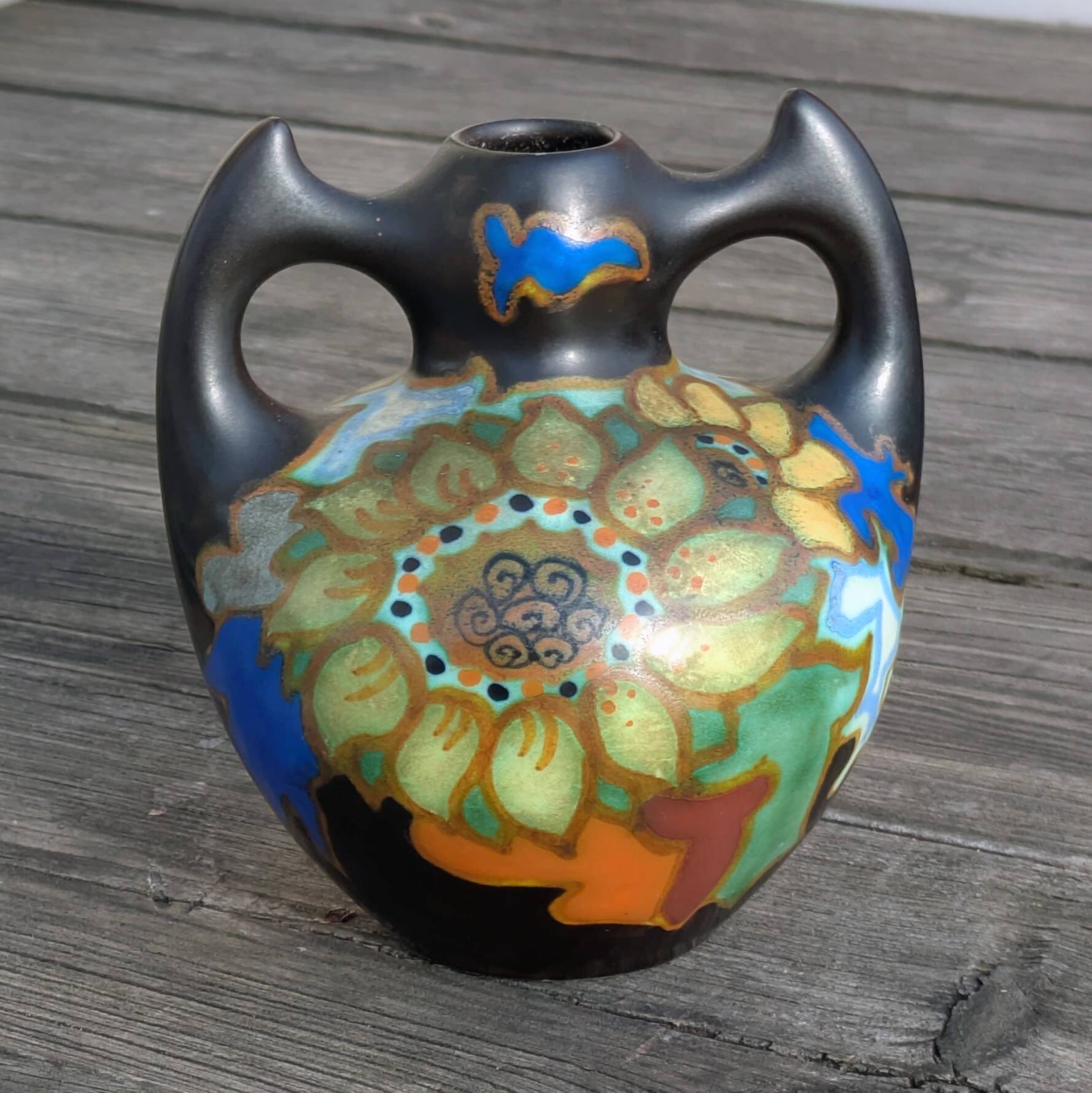 Handled Vase Gouda - Decor "Zonnebloem" (Sunflower) - Netherlands, 1930/50