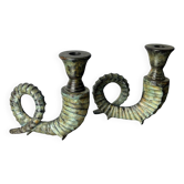 Pair faux horn candleholder in brass Italy, 1970s