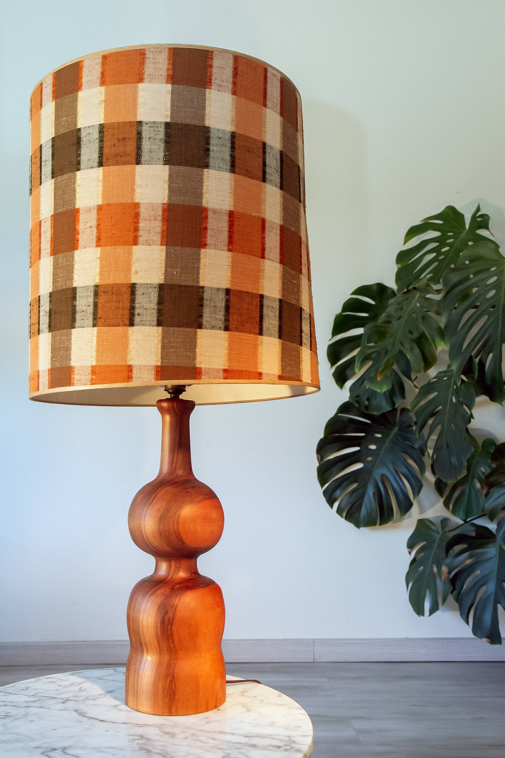 Large turned wooden lamp from the 1960s, signed JS Guy.