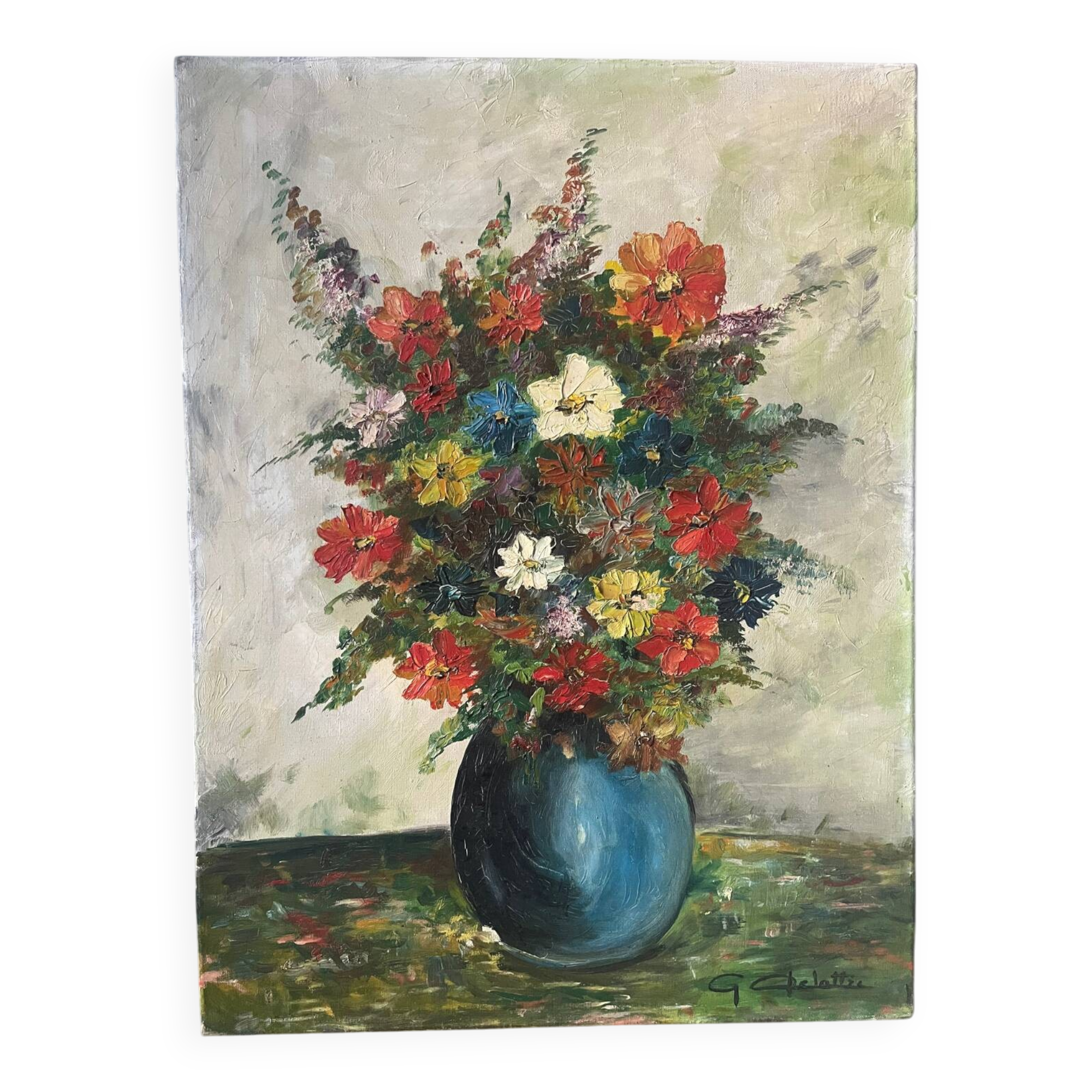 Bouquet of flowers in a blue vase, signed