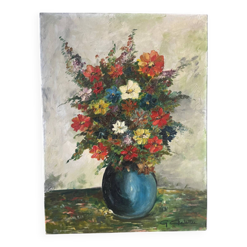 Bouquet of flowers in a blue vase, signed
