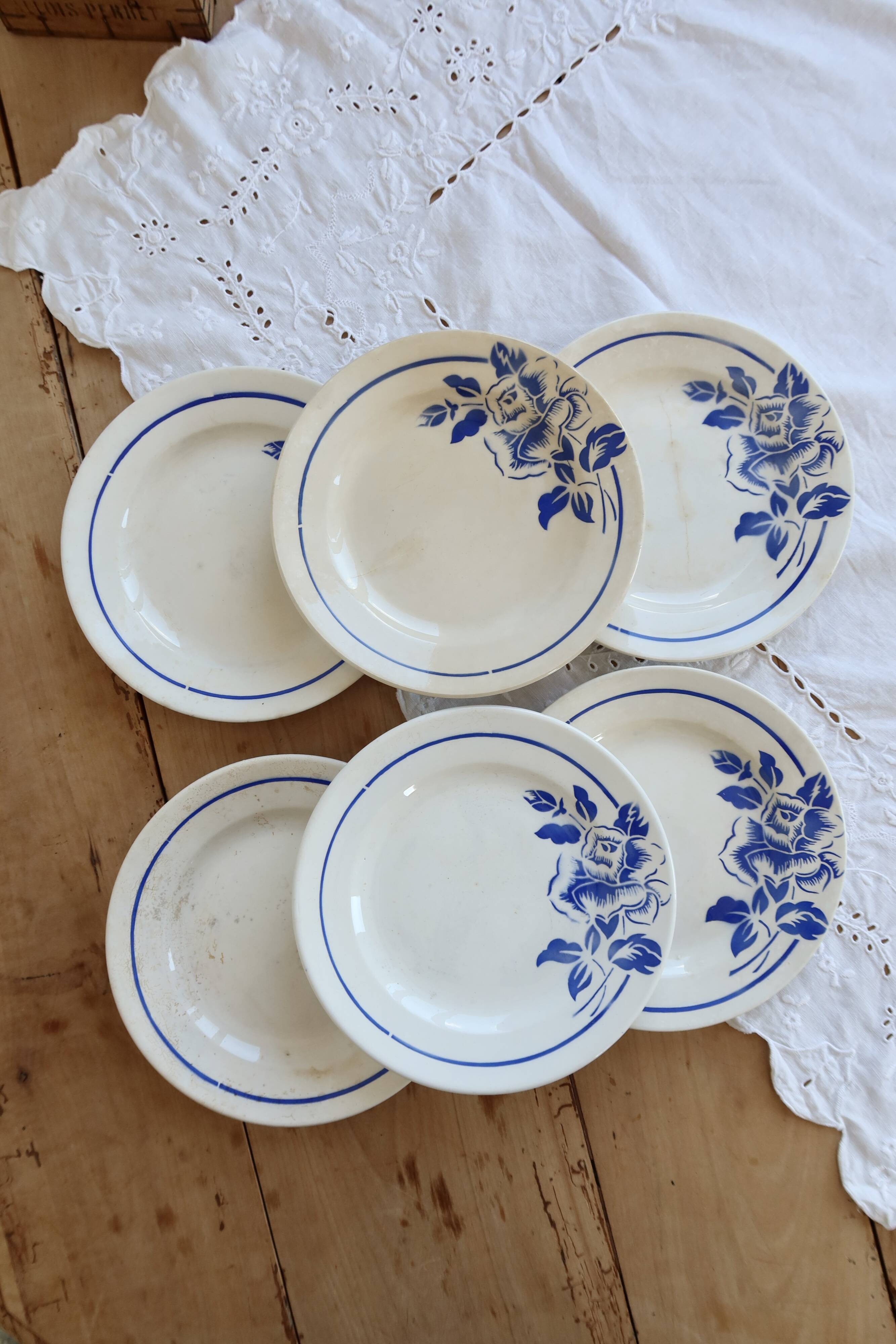 6 vintage ironstone dessert plates Digoin Sarreguemines Hubert blue