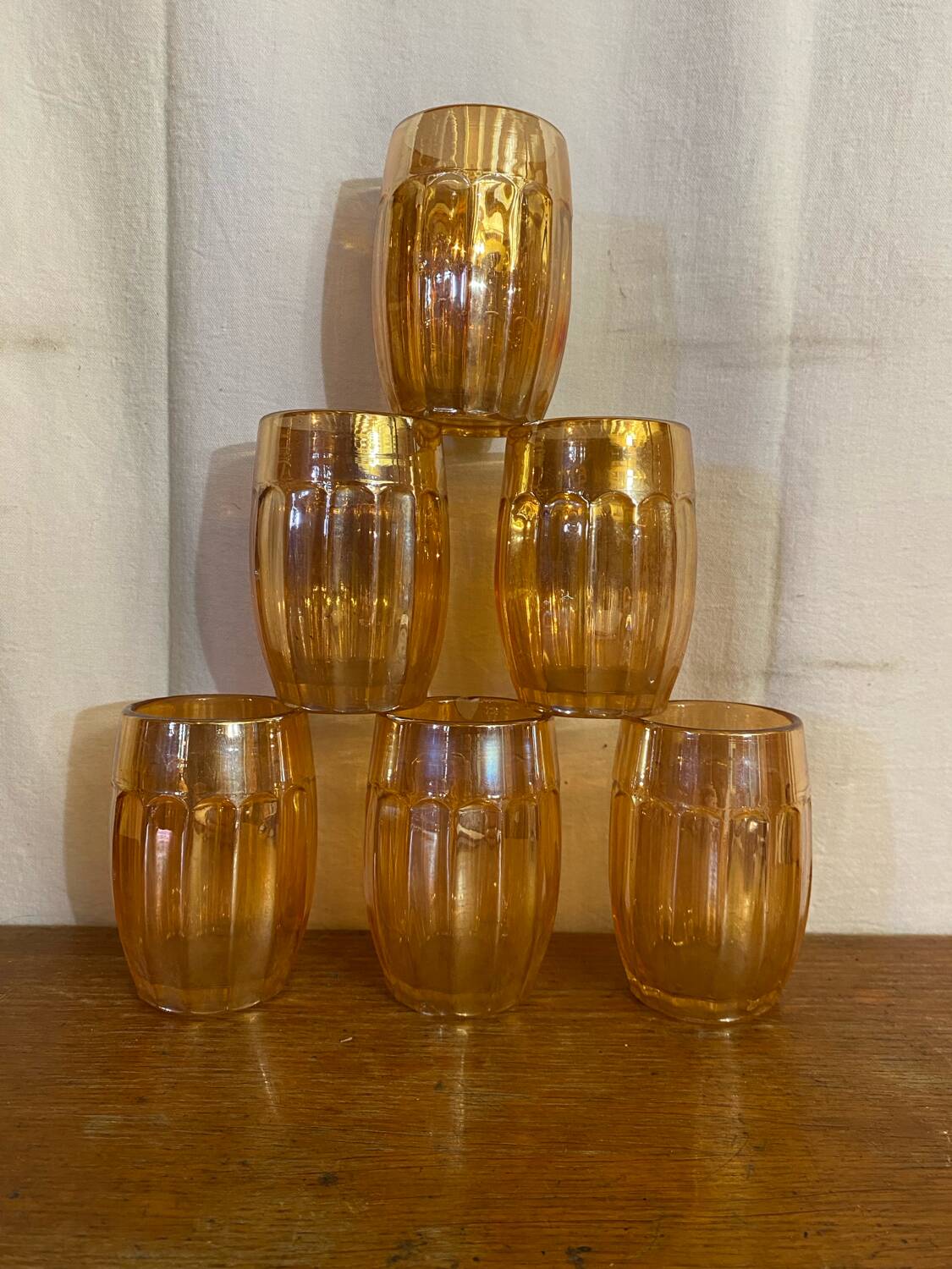 6 verres gobelets vintage en verre orange irisé