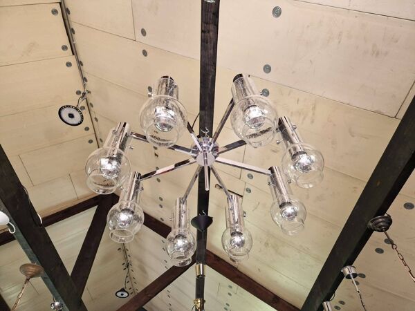 Grand plafonnier/lustre en métal chromé et verre soufflé bullé, années 1970