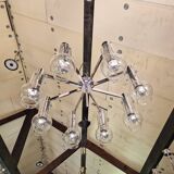 Large ceiling light/chandelier in chromed metal and bubbled blown glass, 1970s