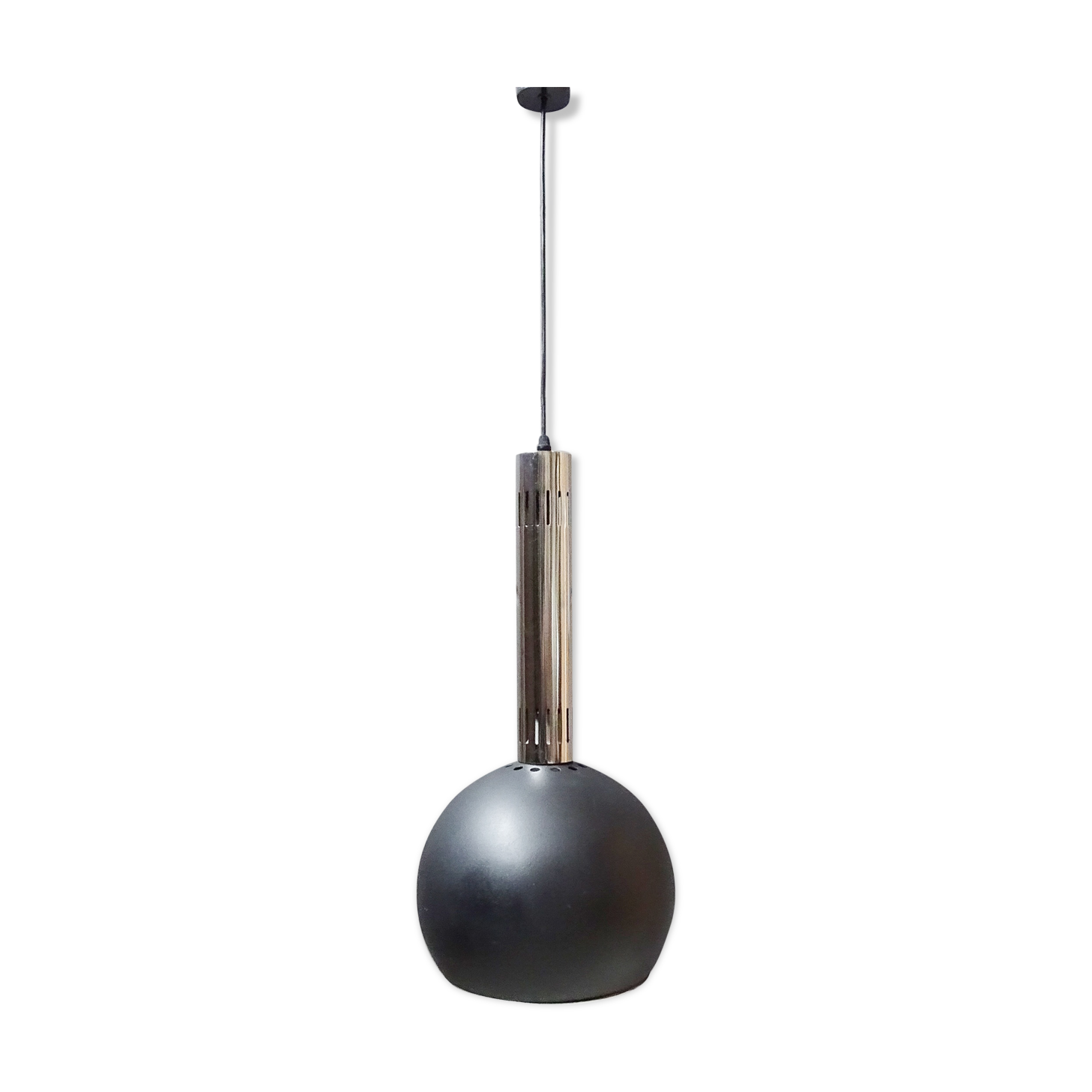 large industrial pendant lamp made of metal and chrome with black shrink lacquer, ball lamp 1960s