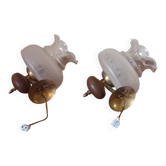 Pair of vintage wall sconces oil lamp style – Wood, brass