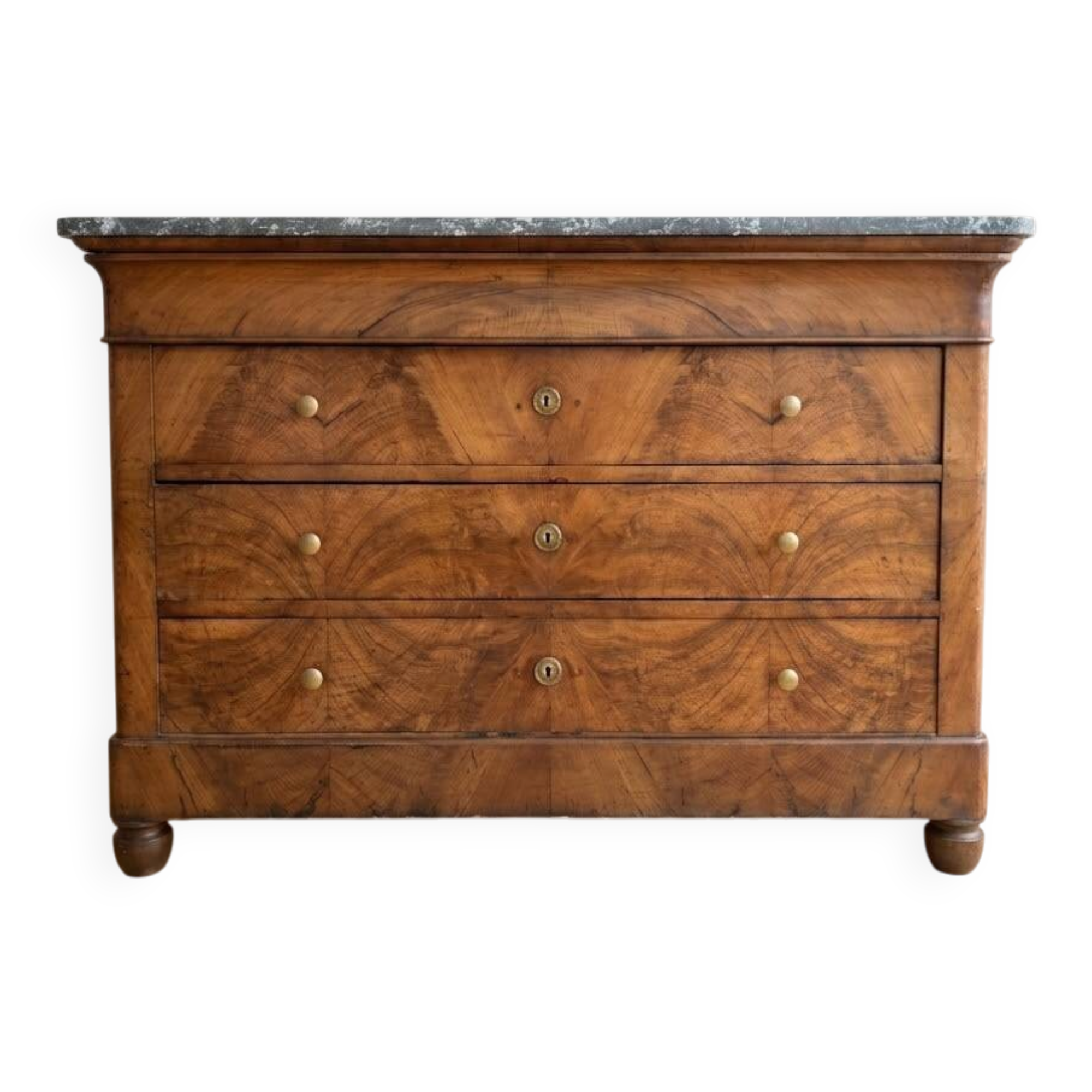 Antique walnut commode with a grey marble top.