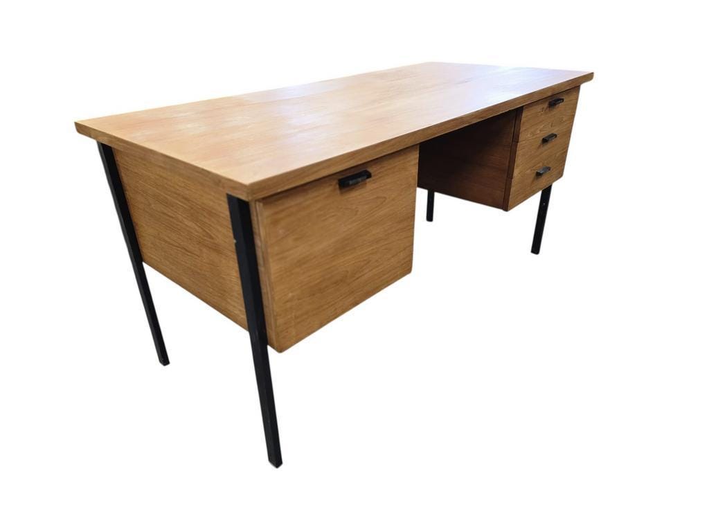 Vintage wooden desk with black steel frame