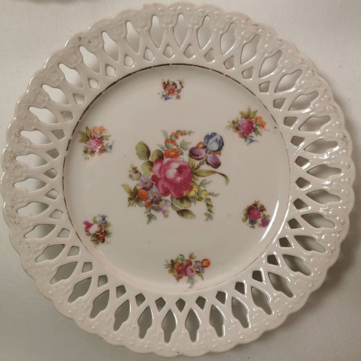 Set of 9 OPENWORK porcelain DESSERT PLATES hand painted in the style of SAXE