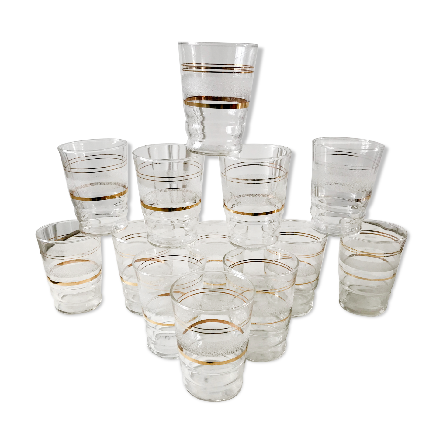 Set of 13 granite water glasses with golden borders 50s-60s