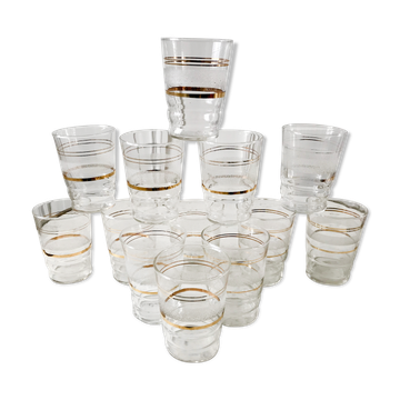 Lot de 13 verres à eau granité à liserés dorés années 50-60