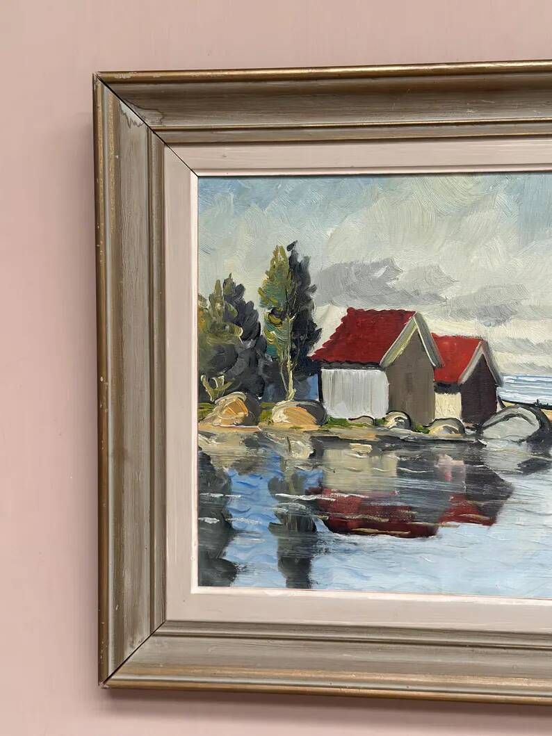 Original Swedish Oil on Canvas – "Houses and Trees", Unknown Artist – Signed, Vintage and Framed – 53.5 x 46 cm (21 x 18 inches)