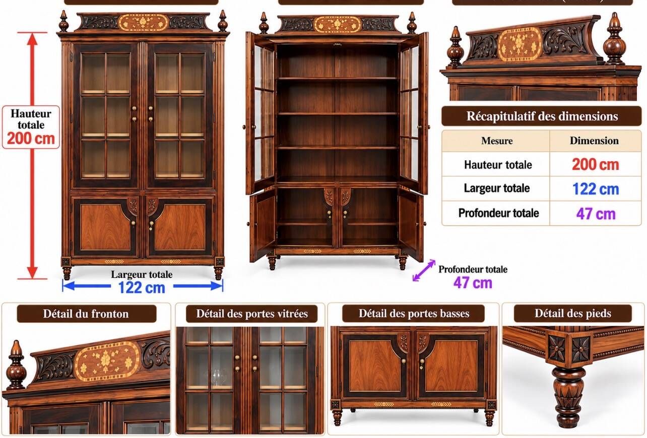 Vitrine ancienne en bois sculpté avec portes vitrées - Style classique - Ch