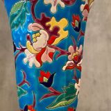 Faience cornet vase with floral decoration signed Emaux de Longwy