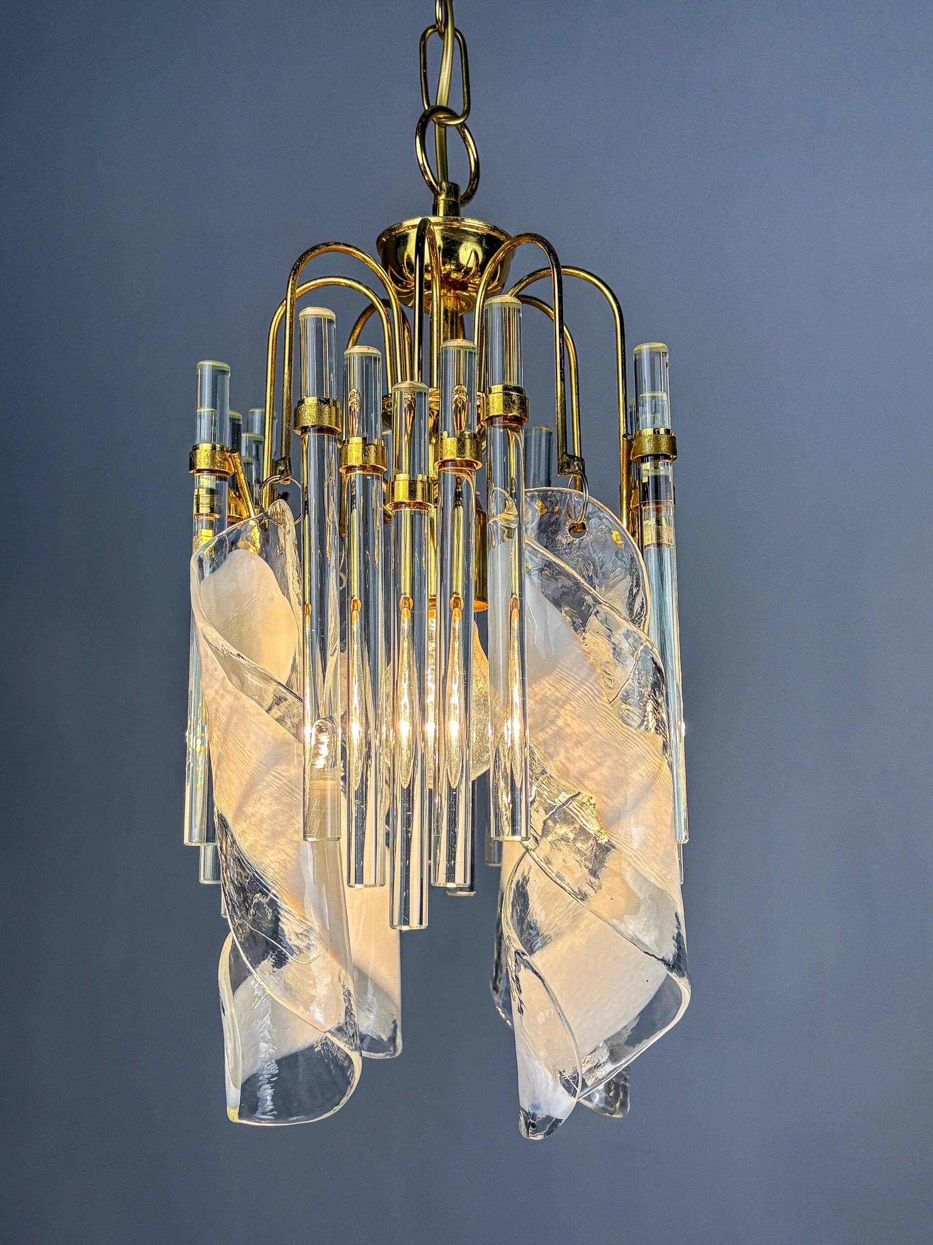 Murano glass cascade chandelier – twisted prisms & tubes, brass frame, Italy 1970s