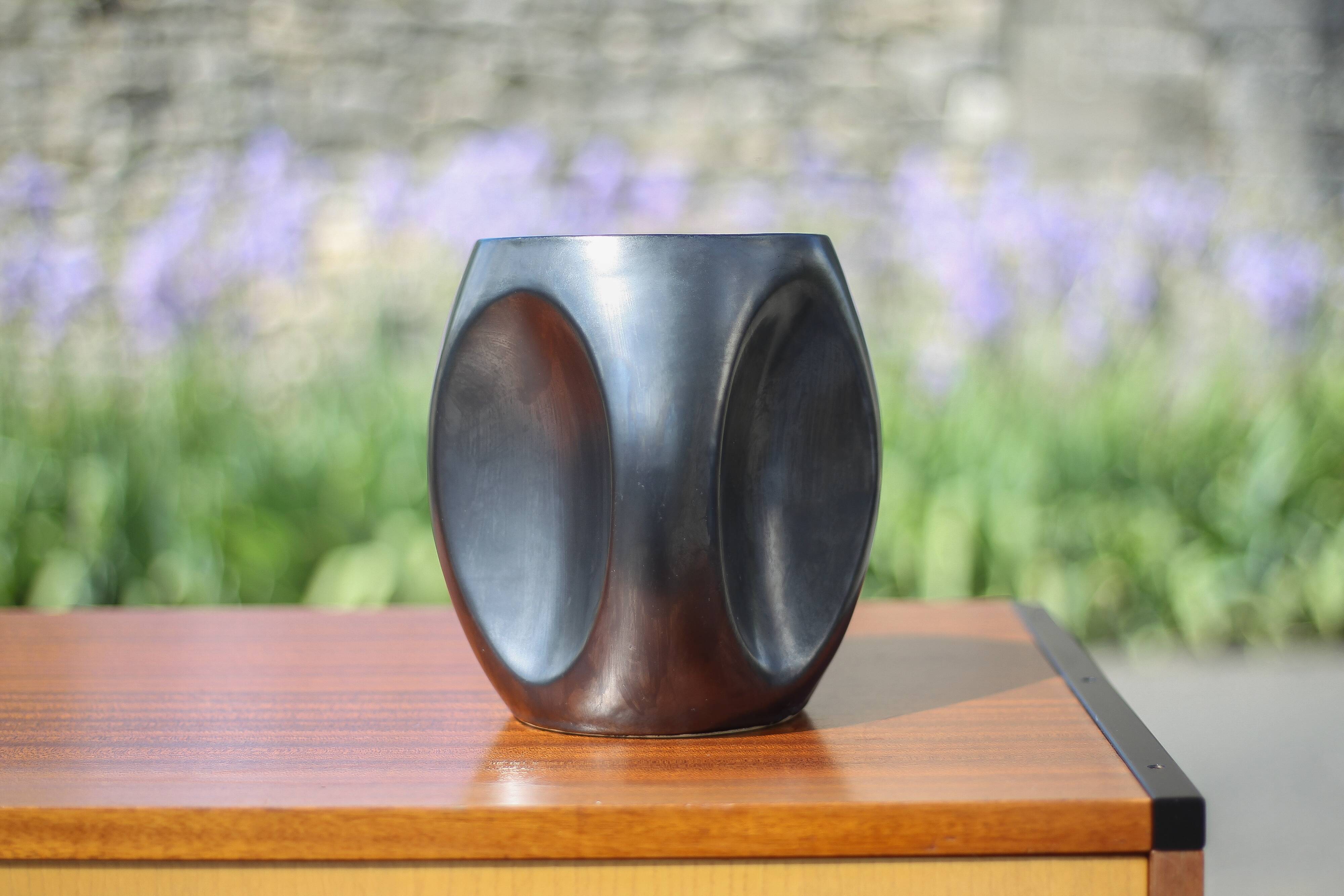 Vallauris modernist cubic vase enamelled black with orange interior, vintage vase, collection, decoration