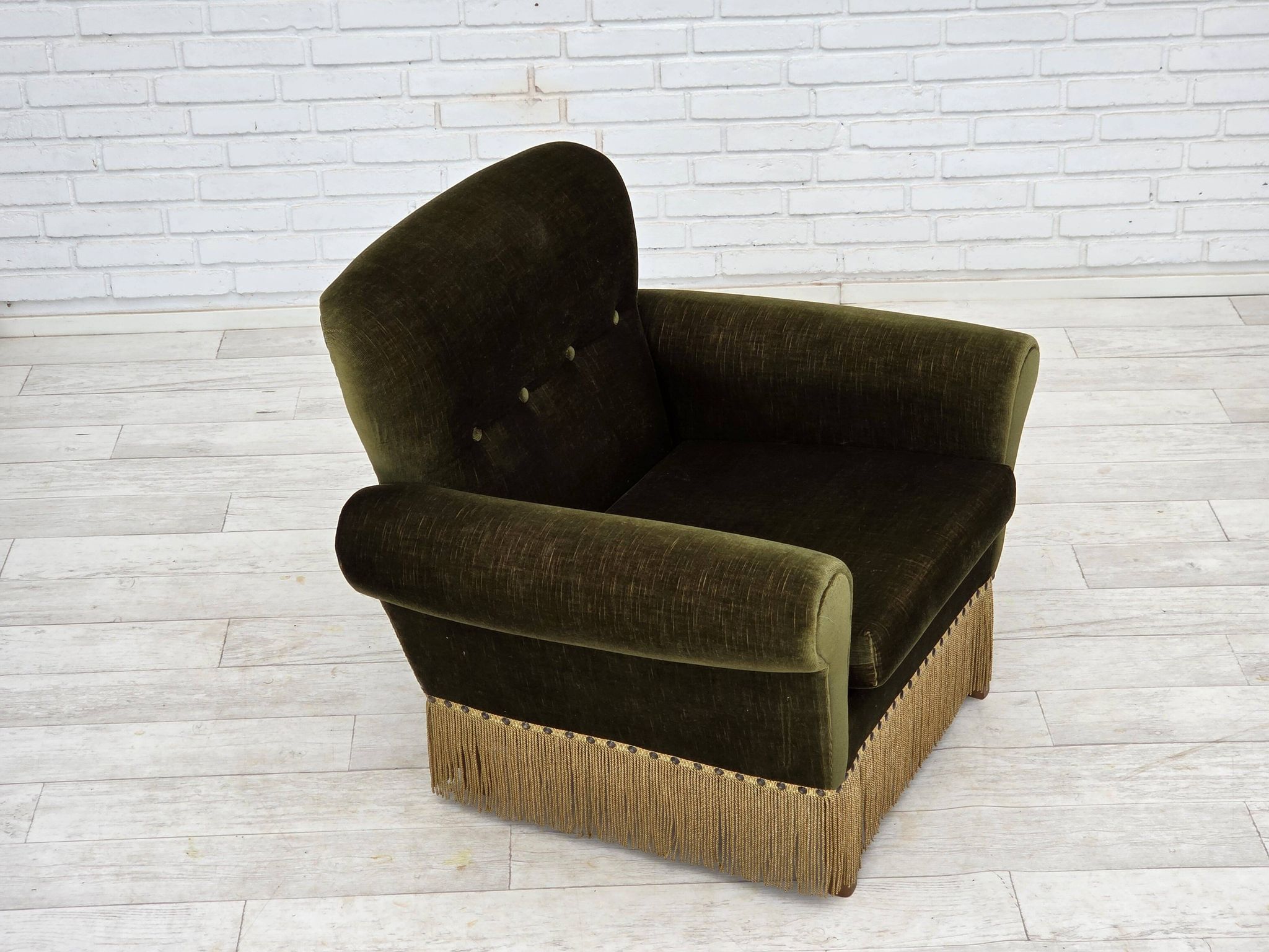 1970s, Danish lounge chair, low, furniture velour, ash wood legs.