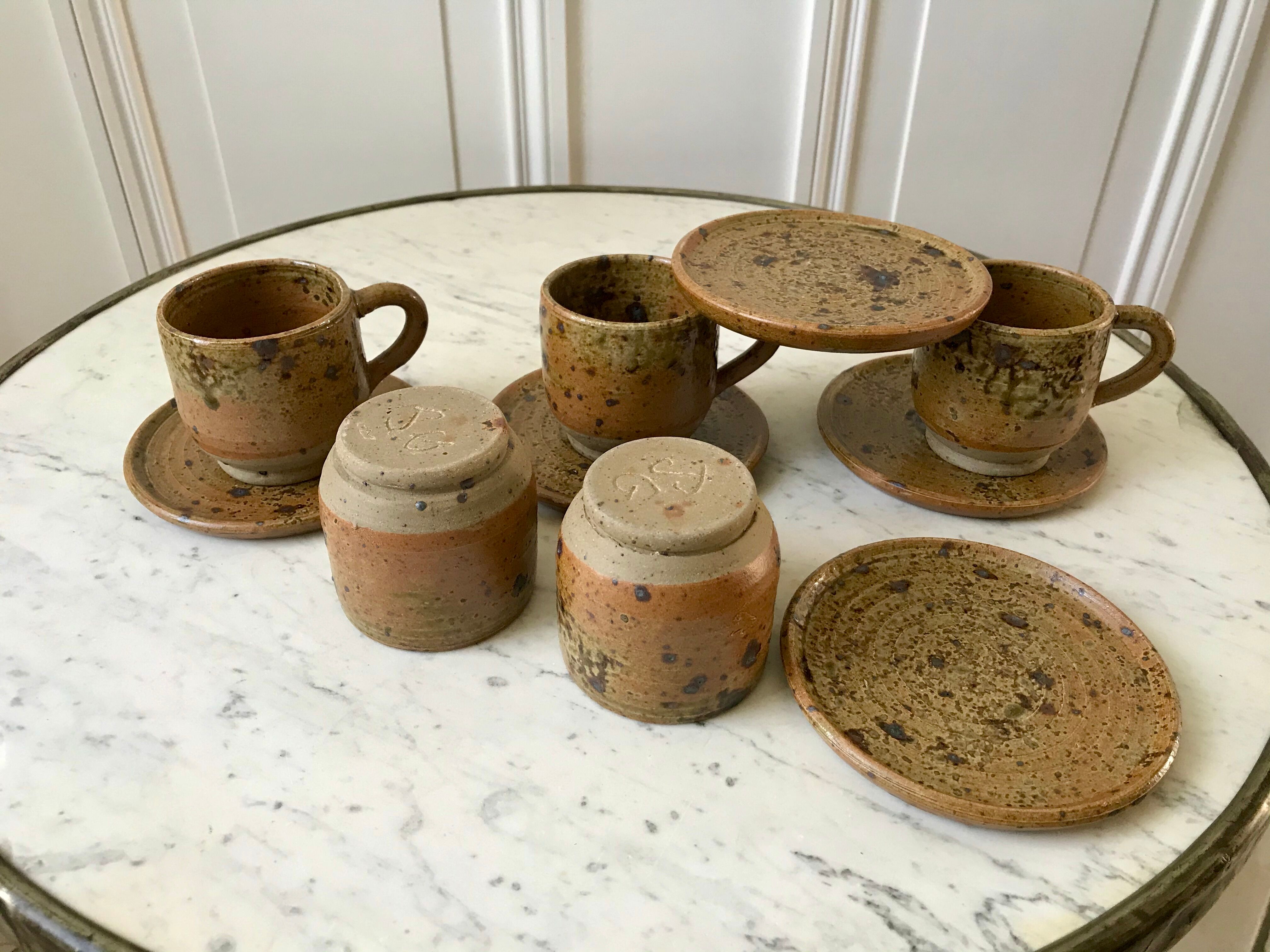coffee service 6 cups and saucers, teapot and sugar bowl in ceramic / pottery / stoneware years 50-6