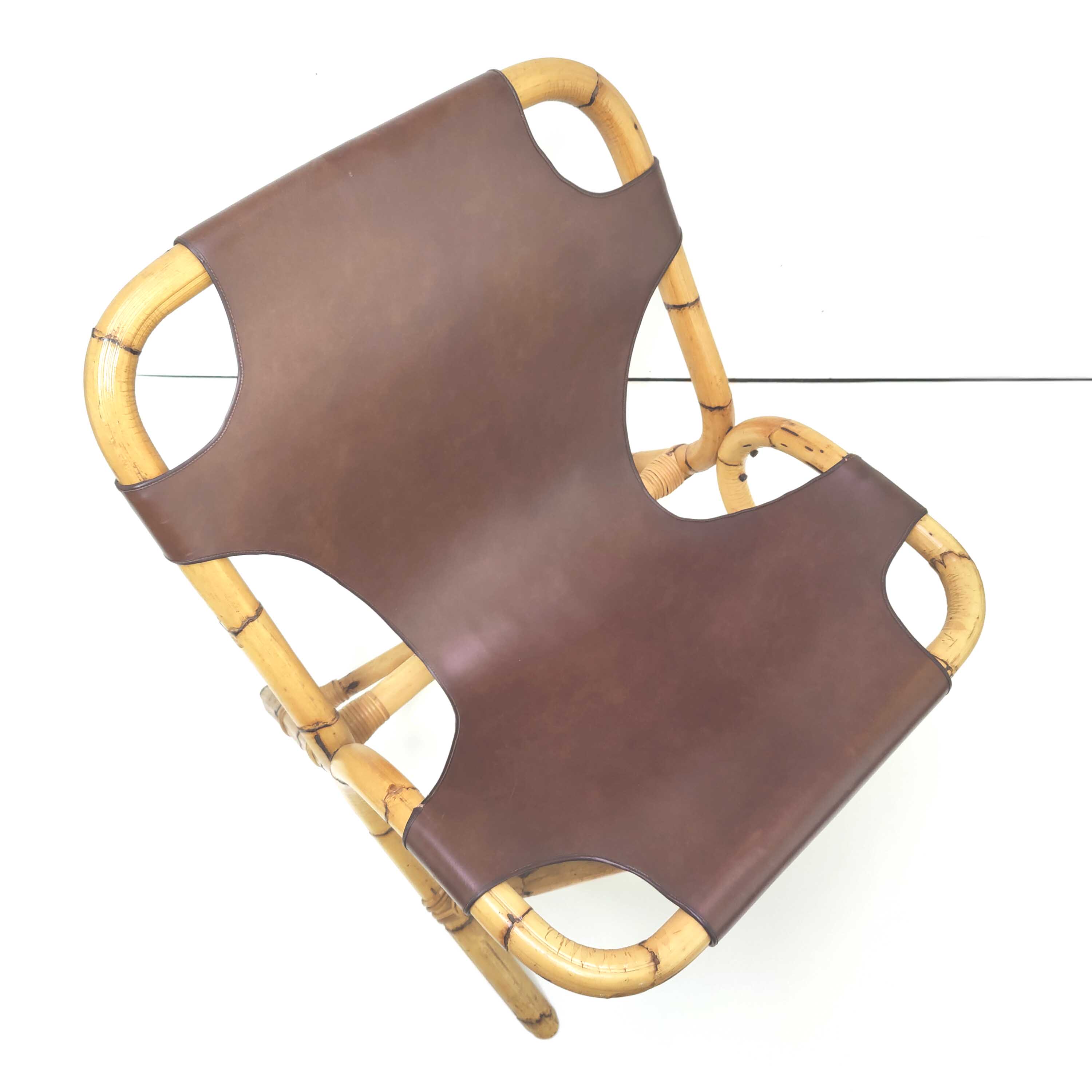 Vintage armchair bamboo rattan and leather