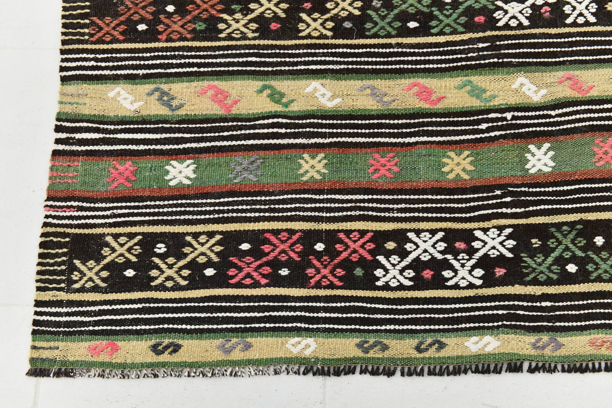 Tapis kilim bohème marron 7x10, motif ethnique, 202x304 cm