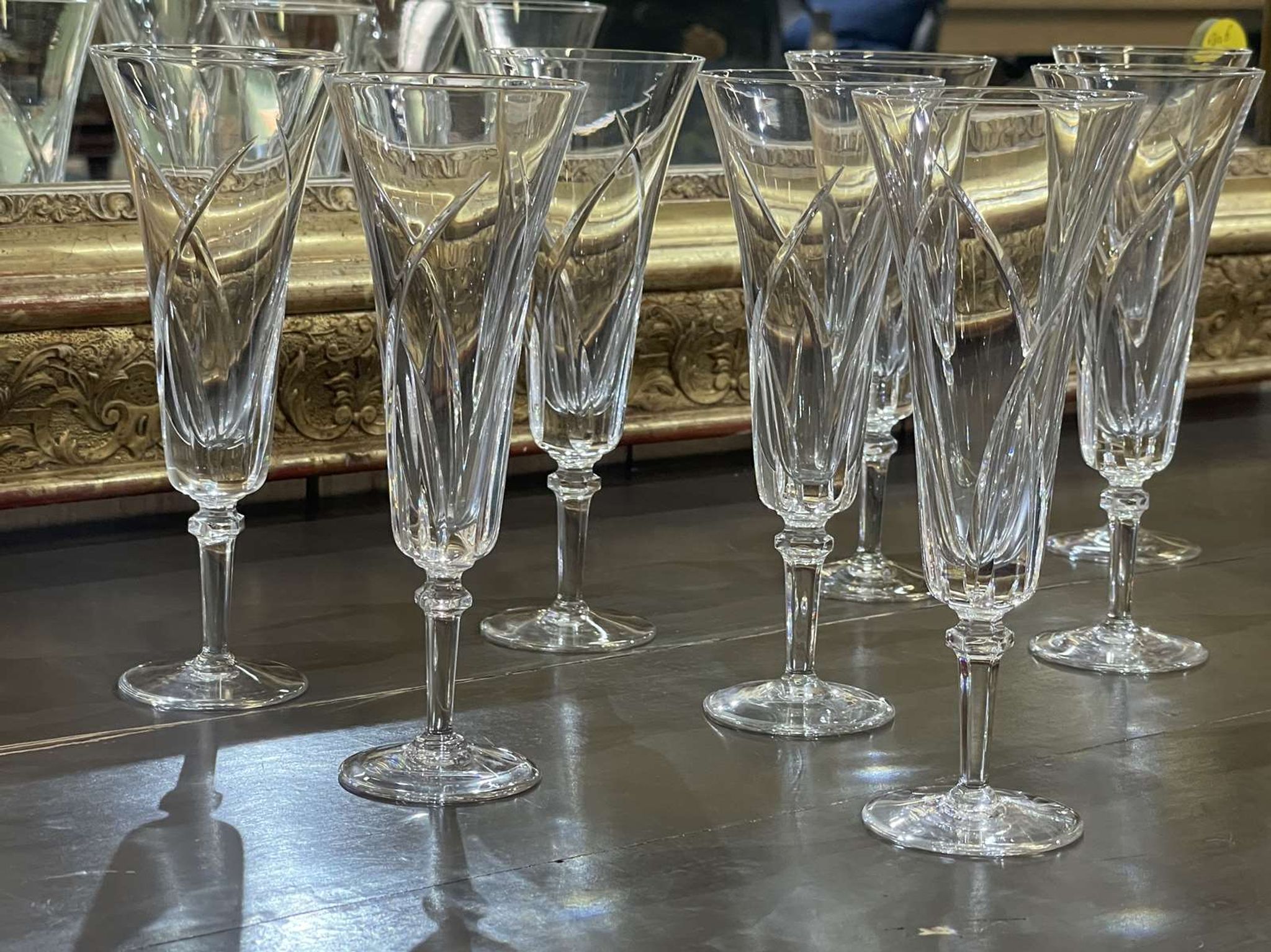 Set of 10 crystal champagne flutes from Sèvres, Niagara model from the 1950s.
