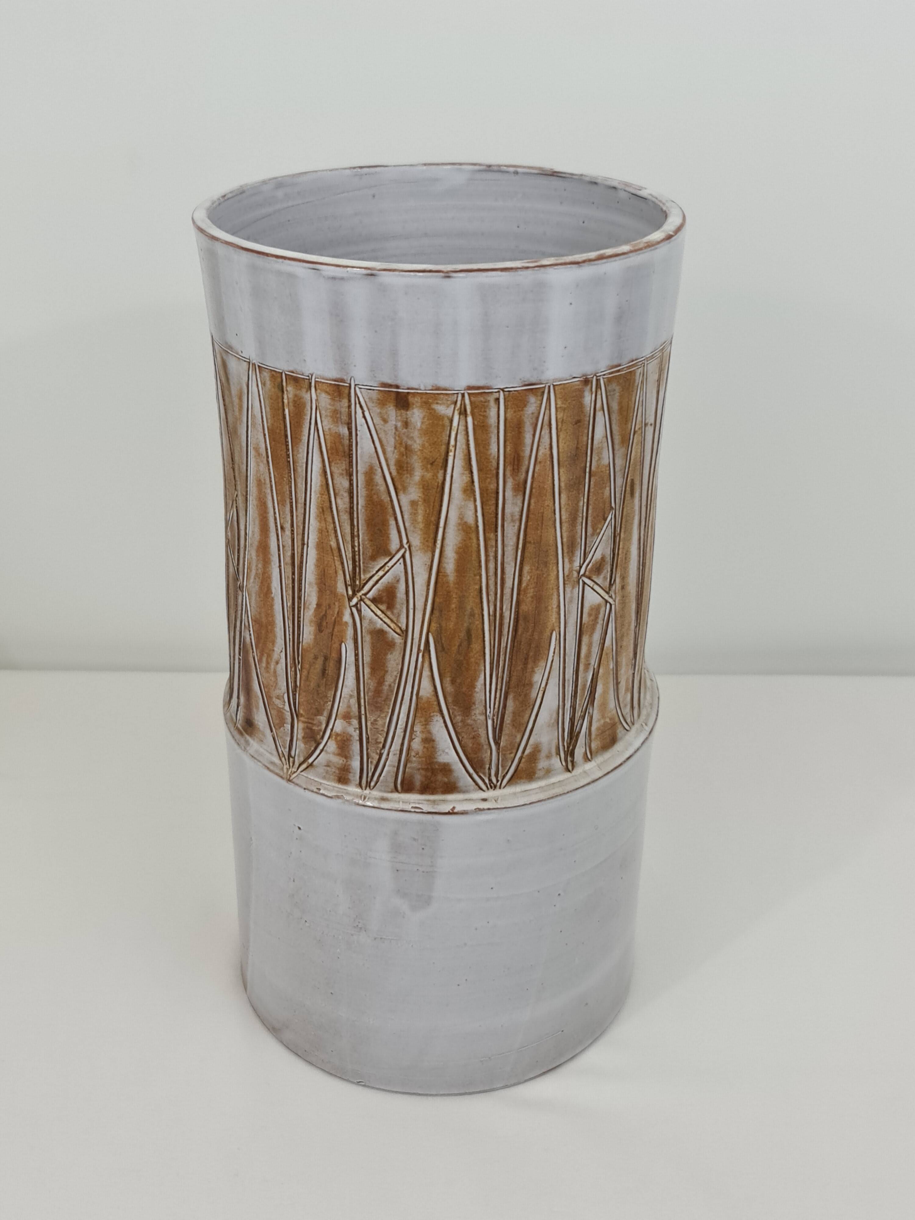 Large ceramic cylinder vase by Les Argonautes