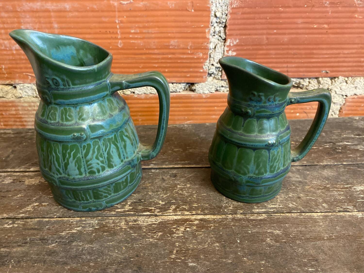 Pair of Vintage 70s Green Glazed Ceramic Barrel-Shaped Jugs
