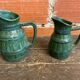 Pair of Vintage 70s Green Glazed Ceramic Barrel-Shaped Jugs