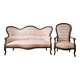 Living room set: Louis XV sofa and armchair in wood and pink fabric.