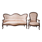 Living room set: Louis XV sofa and armchair in wood and pink fabric.